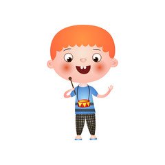 Little admired red-haired boy plays the drum isolated on white background