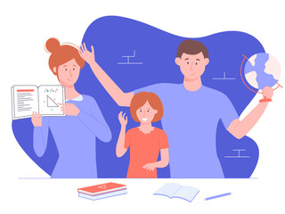 Home schooling. Parents teach daughter math and geography. Mom explains the theorem, dad shows the globe. On the table are books, a notebook and a pen. Vector illustration.