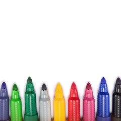 markers colored felt pens on a white background, isolated, mock up, copy space, top view