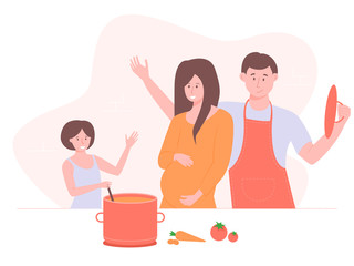 Family together in the kitchen. Cook food for dinner. Dad, daughter and pregnant mother. Cute people are standing next to the table. Vector illustration.