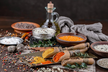 Spices and seasonings for cooking in the composition on the table