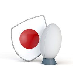 Japan rugby shield flag icon with rugby ball. 3D Render