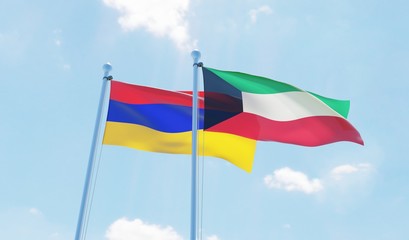 Kuwait and Armenia, two flags waving against blue sky. 3d image