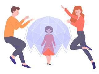 Parents protect their child from harm. Protection from germs, happy childhood, competent parenting. Daughter under a safe dome, mom and dad on guard outside. Vector illustration.