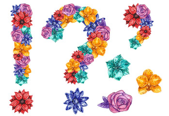 Number shaped flowers: orchid, daisy, rose and passionflower in yellow, purple, blue, turquoise and red colors. Hand drawn watercolor illustration.