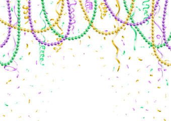 Mardi Gras background template, festive banner, colorful beads and confetti, vector illustration - obrazy, fototapety, plakaty
