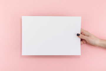 Woman hands with blank A4 paper sheet mockup