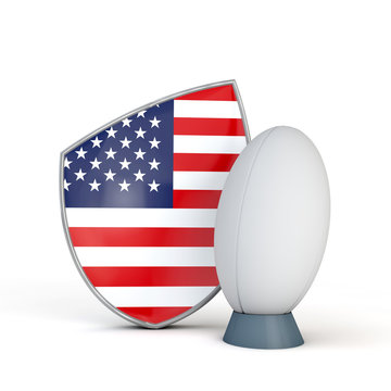 USA rugby shield flag icon with rugby ball. 3D Render