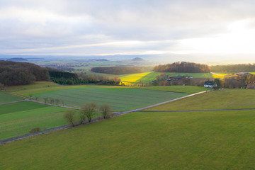 village from above in the countryside of germany with hills and forrest