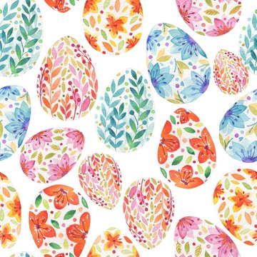 Seamless easter pattern of colorful eggs on a white background. Watercolor