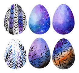 A set of Easter eggs with floral designs, painted with a helium pen. Watercolor.