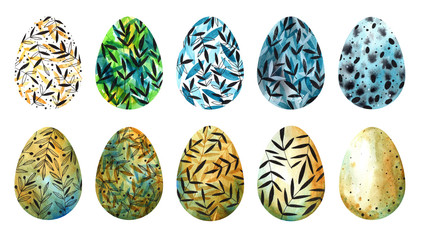 A set of Easter eggs with floral designs, painted with a helium pen. Watercolor.