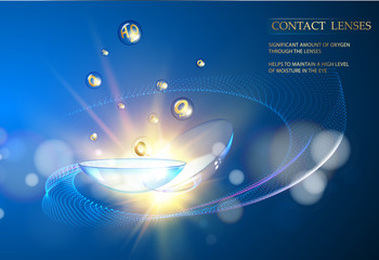 Best blue contact lens for your eye color. Awesome medical illustration of health drops over violet science background and text place at the top of image. Vector illustration.