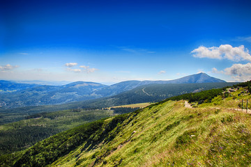 The view on the road Czech and polish friendship in National park Krkonose- Giant mountains.