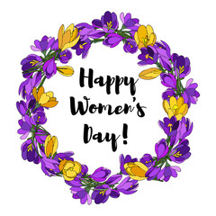 A wreath of crocus flowers. Card for Women's Day. Vector illustration