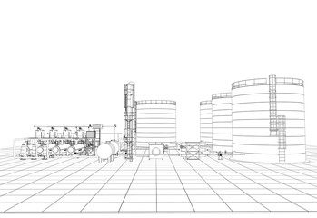 oil refinery, chemical production, waste processing plant, contour visualization, 3D illustration, sketch, outline