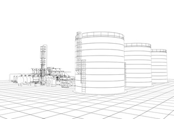 oil refinery, chemical production, waste processing plant, contour visualization, 3D illustration, sketch, outline