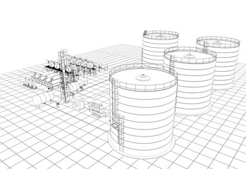 oil refinery, chemical production, waste processing plant, contour visualization, 3D illustration, sketch, outline