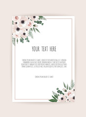 Botanical wedding invitation card template design, white and pink flowers on white background.