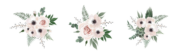 Vector floral bouquet design anemone, Eucalyptus branch . Wedding vector invite card Watercolor designer element set.