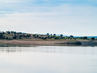 Landscape of a reservoir and mountains in a day with fog and clouds and birds swimming and flying in in La Maya Reservoir (Salamanca)