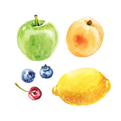Watercolor hand-painted summer fruit lemon, apple, apricot and berry illustration set on white background
