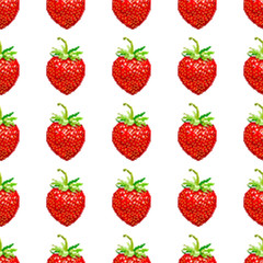 Seamless background of isometric strawberry. Vector illustration in pixel-art style on white background. 8bit