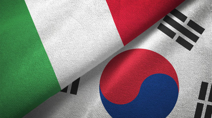Italy and South Korea two flags textile cloth, fabric texture