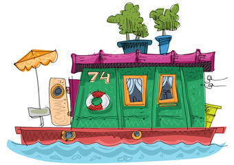 Old fashioned residential boathouse . Ecological supplied habitable floating house. Cartoon. Caricature.