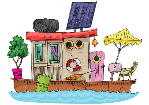 Old fashioned residential boathouse . Ecological supplied habitable floating house. Cartoon. Caricature.