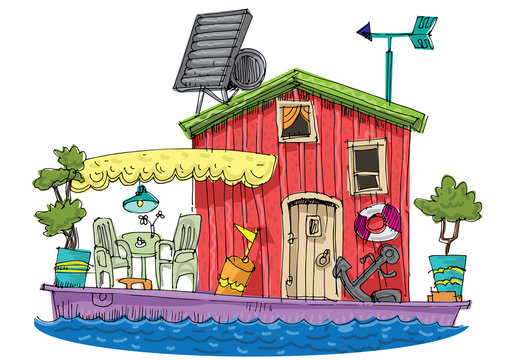 Old fashioned residential boathouse . Ecological supplied habitable floating house. Cartoon. Caricature.