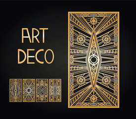 Golden abstract geometric background. Art deco style, trendy vintage design element. Gold grille on a black background. Gold art deco panels. Gatsby style. Set retro pattern