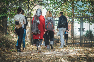 Small group of friends visiting monasteries in Serbia