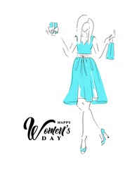 Happy womens day with sketch of a beautiful girl with gift.