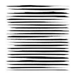 Abstract textured thin long black ink strokes set isolated on a white background