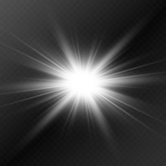 White beautiful light explodes with a transparent explosion. Vector, bright illustration for perfect effect with sparkles. Bright Star. Transparent shine of the gloss gradient, bright flash