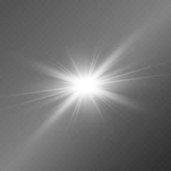 White beautiful light explodes with a transparent explosion. Vector, bright illustration for perfect effect with sparkles. Bright Star. Transparent shine of the gloss gradient, bright flash