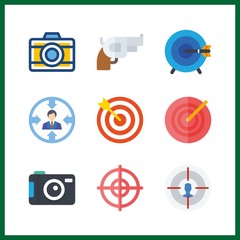 9 aiming icon. Vector illustration aiming set. photo camera and target icons for aiming works