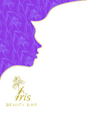 Iris beauty bar. Banner for beauty salon, hotel salon beauty resort and spa. Design with illustration of young girl against a background of irises flowers. 
