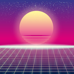Synthwave Retro Futuristic Landscape With Sun And Styled Laser Grid. Neon Retrowave Design And Elements Sci-fi 80s 90s Space. Vector Illustration Template Isolated Background