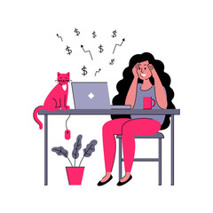 Successful girl freelancer works at home. Vector illustration in flat style
