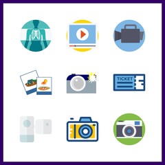 9 film icon. Vector illustration film set. ticket and video camera icons for film works