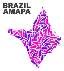 Mosaic Amapa state map isolated on a white background. Vector geographic abstraction in pink and violet colors. Mosaic of Amapa state map combined of scattered circle points and lines.