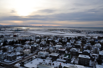 Aerial skyline cityscape view of Reykjavik, Iceland with sunset