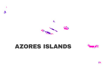 Mosaic Azores Islands map isolated on a white background. Vector geographic abstraction in pink and violet colors. Mosaic of Azores Islands map combined of scattered circle dots and lines.