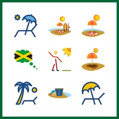9 shore icon. Vector illustration shore set. sunbed and waling icons for shore works