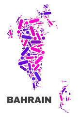 Mosaic Bahrain map isolated on a white background. Vector geographic abstraction in pink and violet colors. Mosaic of Bahrain map combined of scattered circle dots and lines.