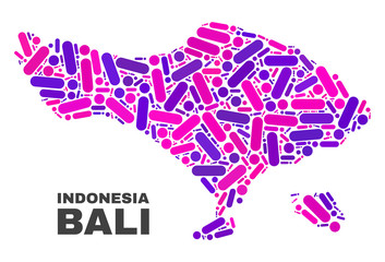 Mosaic Bali map isolated on a white background. Vector geographic abstraction in pink and violet colors. Mosaic of Bali map combined of random round points and lines.