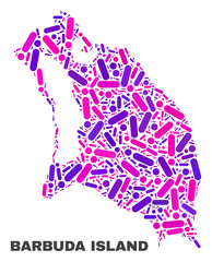 Mosaic Barbuda Island map isolated on a white background. Vector geographic abstraction in pink and violet colors. Mosaic of Barbuda Island map combined of random circle points and lines.