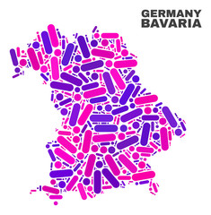 Mosaic Bavaria Land map isolated on a white background. Vector geographic abstraction in pink and violet colors. Mosaic of Bavaria Land map combined of random round points and lines.